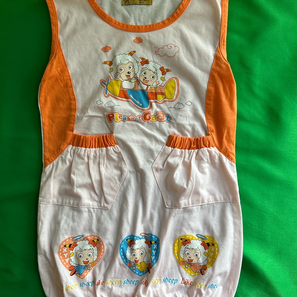 Cute Cartoon Sheep dress Age 6 - Orange and light Pink